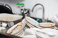 Metal Sink Full Of Dirty Dishes, Crockery, Tableware