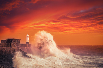  Porthcawl Lightouse and Waves at Sunset in South Wales, United Kingdom