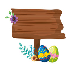 Wall Mural - signal way wooden with eggs easter and flower vector illustration design