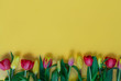 © Ekaterina - The spring sale.Fresh red and yellow tulips in yellow on the background.Spring festival.Greeting card for Mothers and women's day or banner for a store, website for text.Copy space.Mock up