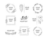 Fototapeta  - Collection of wreaths, frames and borders for elegant design. Hand drawn wedding branding set with monograms with floral branches, flowers and herbs.