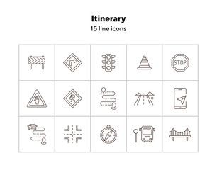 Poster - Itinerary line icons. Set of line icons. Bridge, traffic lights, stop road sign. Traffic concept. Vector illustration can be used for topics like navigation, travelling