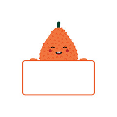 Wall Mural - Cute smiling cartoon gac fruit character holding blank, empty card in hands. 