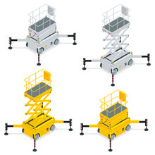 Isometric Yellow Engine Powered Scissor Lift Isolated On White Background. Vector Illustration In A Flat Style. Modern Truck-mounted.