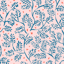 Vector Seamless Pattern With Hand Drawn Design Of Branches. Intricate Blue And Pink Floral Design.
