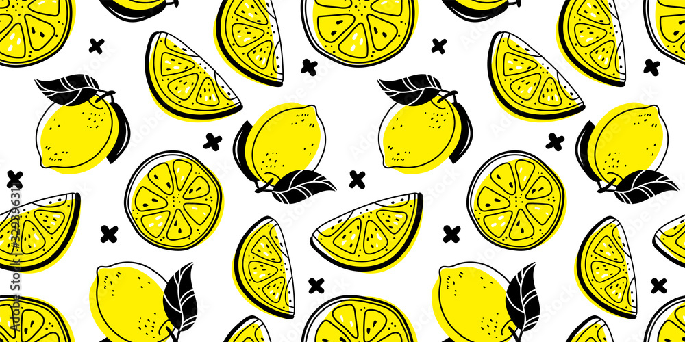 Seamless bright light pattern with Fresh lemons for fabric, drawing ...