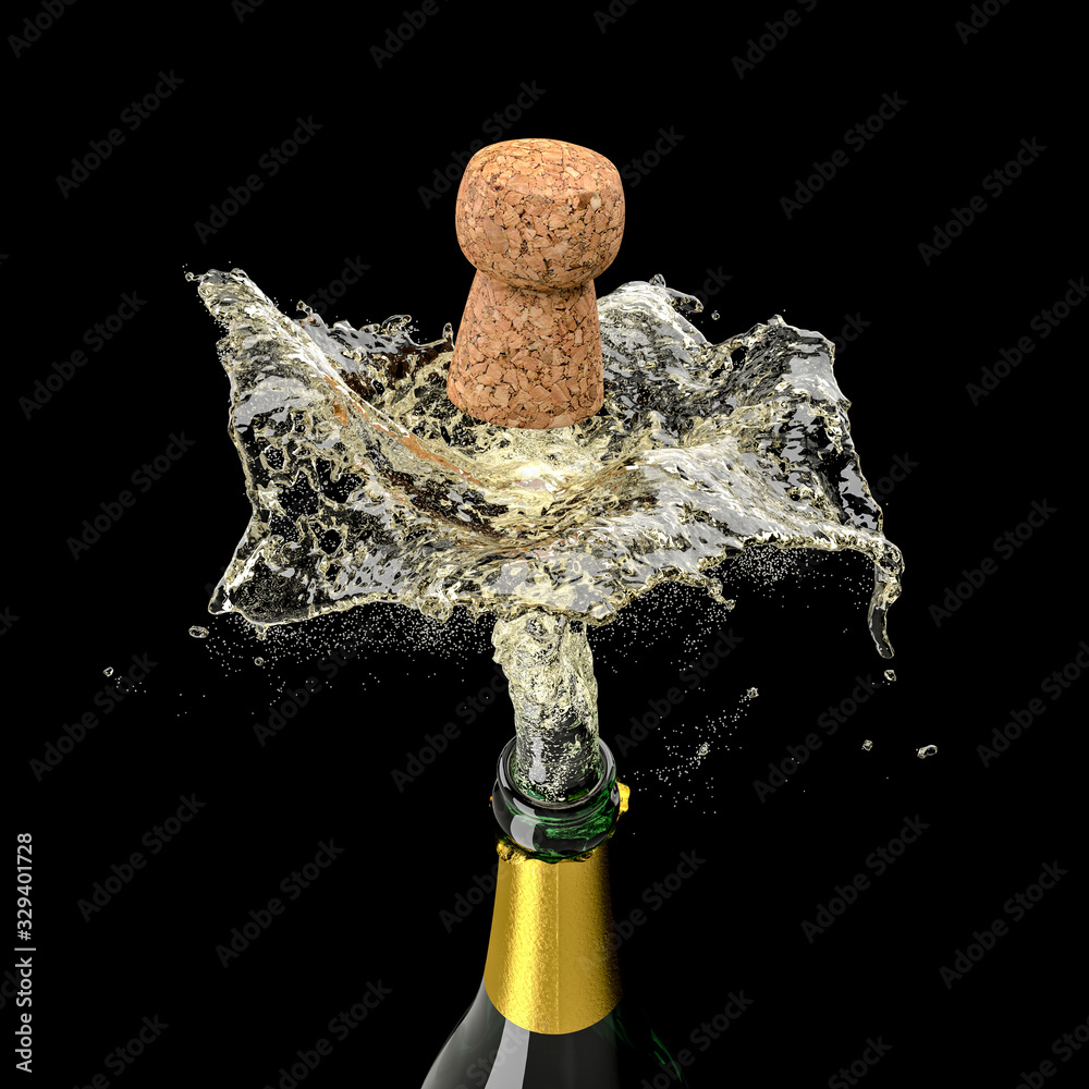3d render of a bottle of champagne that is uncorked - obrazy, fototapety, plakaty 