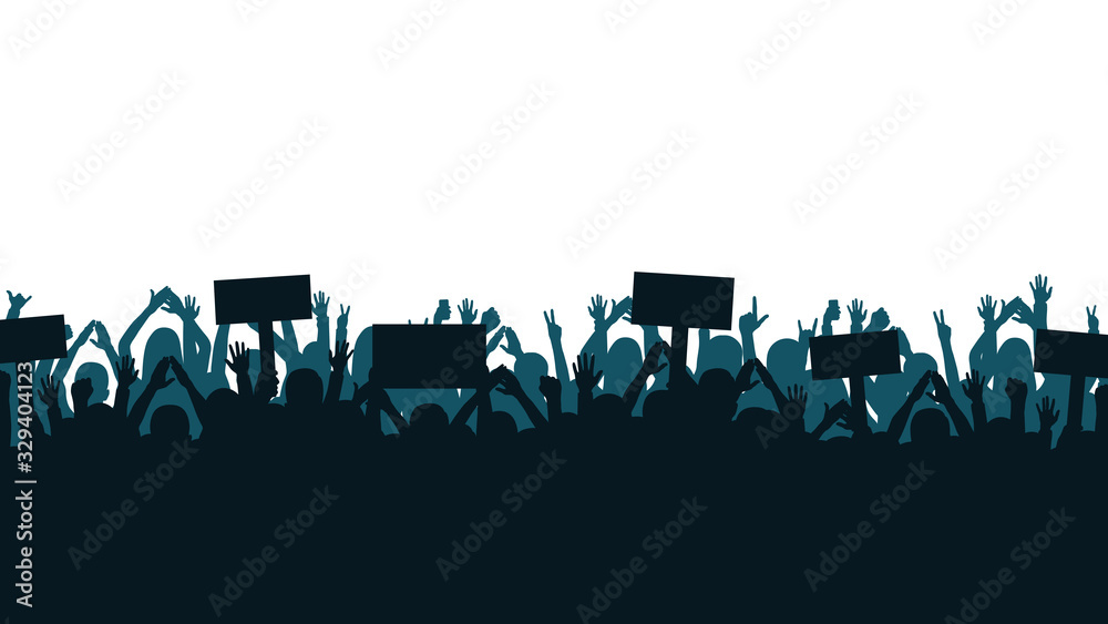 Protest and strike, demonstration and revolution concept. Silhouettes of crowd of people with raised up hands and flags. Political and human rights protest - obrazy, fototapety, plakaty 