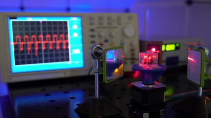 Poster -  laser in a quantum optics lab. Semiconductor laser on optical table in a quantum physics optics lab.