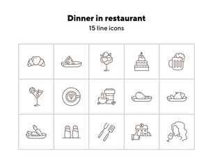 Sticker - Dinner in restaurant line icon set. Meat course, vegan menu, alcoholic drinks isolated outline sign pack. Restaurant business concept. Vector illustration symbol elements for web design