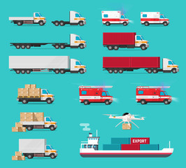 Wall Mural - Delivery transportation commercial cargo freight vehicles vector set, industrial transport automobiles, ship vessel shipping container flat cartoon illustration, trucks and vans warehouse car design