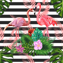 Pink Flamingos Hibiscus, Monstera, Banana Leaf Tropic Summer Seamless Pattern. Black White Striped Background.