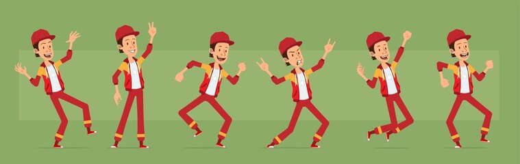 Wall Mural - Cartoon cute funny young sportsman guy character in red cap and hoodie. Rock and roll hipster jumping and dancing. Ready for animations. Isolated on green background. Big vector icon set.