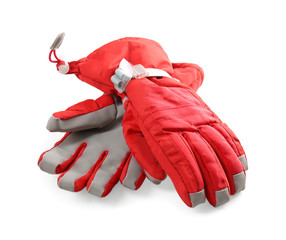 Wall Mural - Pair of red ski gloves isolated on white. Winter sports clothes