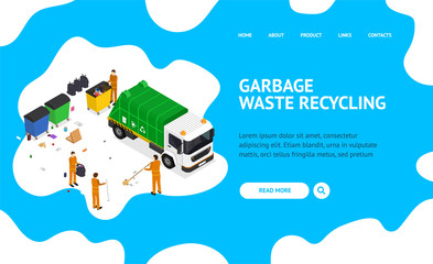 Poster - Garbage Recycling Concept Landing Web Page 3d Isometric View. Vector