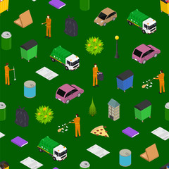 Poster - Garbage Recycling Concept Seamless Pattern Background 3d Isometric View. Vector