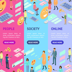 Poster - People Connecting Devices Concept Banner Vecrtical Set 3d Isometric View. Vector
