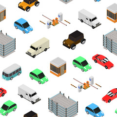 Poster - Multi Storey Car Park Concept Seamless Pattern Background 3d Isometric View. Vector