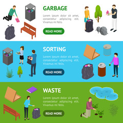 Poster - People Sorting Waste Rubbish Concept Banner Horizontal Set 3d Isometric View. Vector