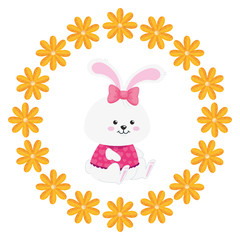 Sticker - cute rabbit female in frame circular of flowers vector illustration designicon