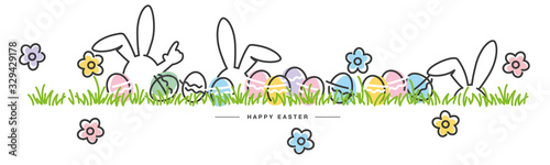 Easter line design bunny flowers colorful eggs in grass Easter egg hunt white gr Canvas Print