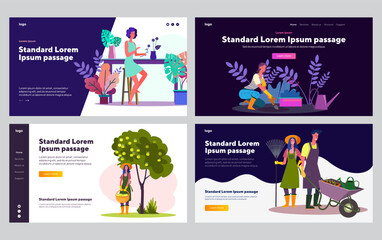 Gardening hobby set. Woman arranging flowers, planting seedlings, gathering harvest. Flat vector illustrations. Gardener, orchards, farming concept for banner, website design or landing web page