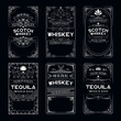 Vintage ornate labels set with lettering for irish pub. Hand drawn premium alcohol frames for scotch, whiskey, tequila bottles in drink bar. 