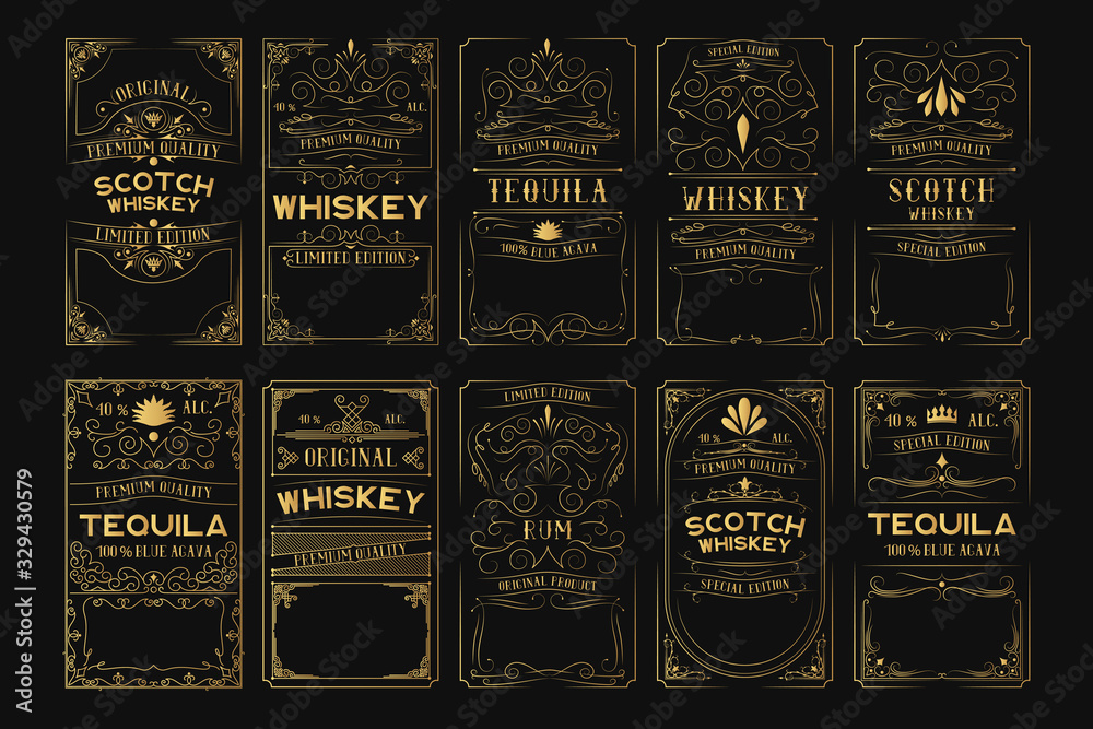 Set of golden alcohol labels. Vintage gold scotch, whiskey, tequila, rum frames for bottle with lettering. - obrazy, fototapety, plakaty 
