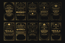 Set Of Golden Alcohol Labels. Vintage Gold Scotch, Whiskey, Tequila, Rum Frames For Bottle With Lettering.