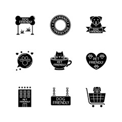 Sticker - Pet friendly emblems black glyph icons set on white space. Four-legged friends allowed territories, kitty and doggy permitted, welcome public places. Silhouette symbols. Vector isolated illustration