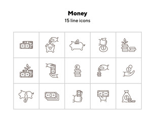 Canvas Print - Money icons. Line icons collection on white background. Banknotes, currency, earning. Investment concept. Vector illustration can be used for topic like business, finance, banking