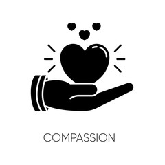 Compassion black glyph icon. Emotional support, friendly sympathy. Empathy, solidarity silhouette symbol on white space. Voluntary care, charitable help. Vector isolated illustration