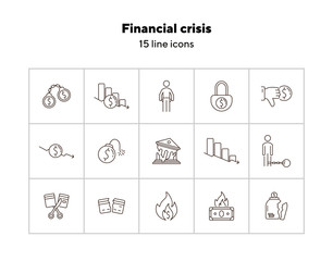 Canvas Print - Financial crisis icons. Set of line icons on white background. Dollar bomb, debtor, bank collapse. Decline concept. Vector illustration can be used for topics like finance, banking, economics