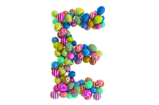 Letter E from colored Easter eggs, 3D rendering