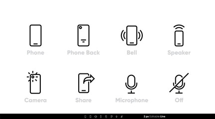 Wall Mural - Phone Functions and Apps icons set. Bell, Speaker, Camera, Microphone, etc. Editable vector outline stroke