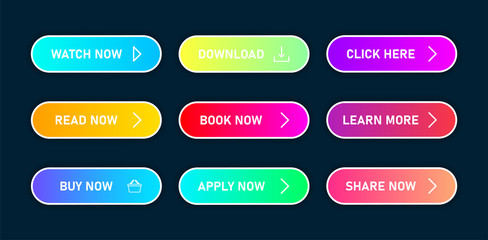Poster - Set of vector modern trendy flat buttons on dark blue background. Different colors of main shapes and icons with white outline frames. Vector