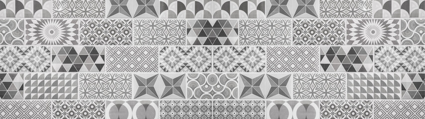  Gray black white vintage retro geometric square mosaic motif tiles texture background banner panorama