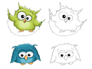 Illustration funny cartoon cute green owl with jumping rope blue sad owl isolated on white background with contour for coloring for children