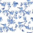 Seamless chinoiserie pattern with titmouse bird, flowers and butterflies. Vector patch for print, fabric and interior design