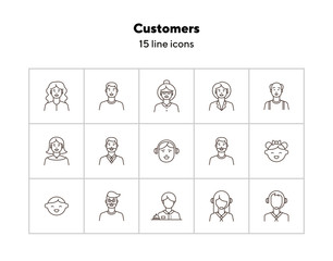 Wall Mural - Customers icons. Set of line icons on white background. Call center operator, client, receptionist. People concept. Vector illustration can be used for topics like application, lifestyle, service