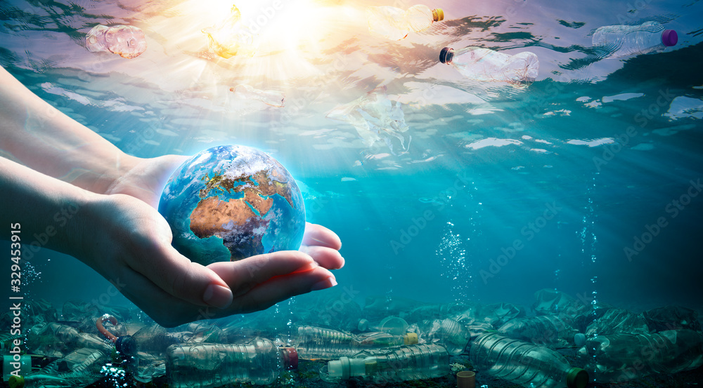Plastic Waste In The Environment - Ocean Pollution - Hands Holding Earth - elements of this image furnished by NASA - obrazy, fototapety, plakaty 