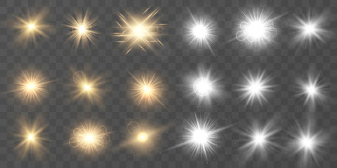 Wall Mural - set of white and golden glowing light . sparkling magical dust particles. star burst with sparkles o