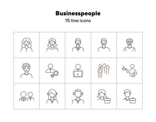 Wall Mural - Businesspeople icons. Set of line icons on white background. Coffee break, manager, employee. Office workers concept. Vector illustration can be used for topics like business, career, employment