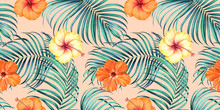 Colorful Seamless Pattern With Tropical Branches And Hibiscus Flowers On White Background. Watercolor Illustration.