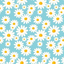 Daisy Flower Seamless Pattern On Blue Background. Ditsy Floral Print With Tiny Chamomile Great For Fashion Fabric, Home Decor Textile And Wallpaper.