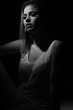 © oreans - black and white portrait of fashion beautiful model, brunette girl with freckles in studio, close up, young woman head shot