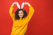 © denis_vermenko - Young caucasian woman wearing cute easter rabbit ears over red isolated background while smiling confident and happy.