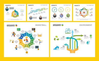 Colorful basketball and ecology concept infographic charts set. Business design elements for presentation slide templates. For corporate report, advertising, leaflet layout and poster design.