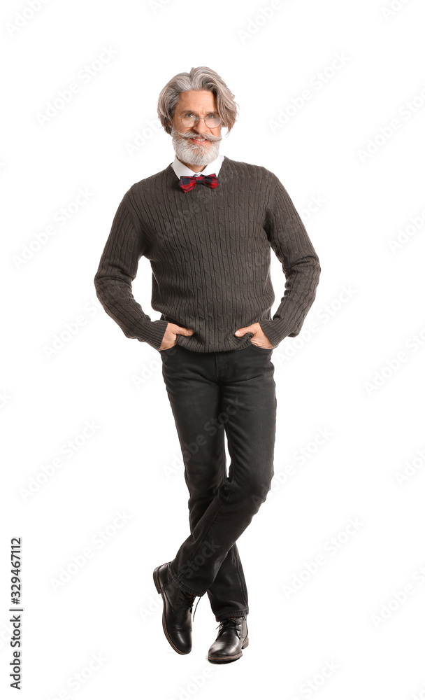 Stylish elderly man on white background