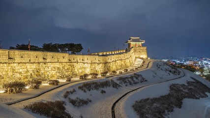 Wall Mural - Night time lapse of Hwaseong fortress in winter, Suwon South Korea.